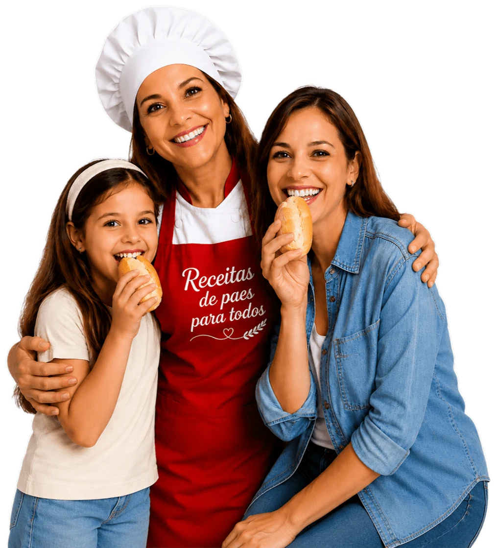 Família feliz comendo pães da Catarina